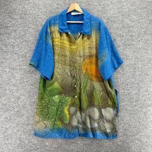 Dalin Shirt Women 1X Plus Blue Geometric Button Up Short Sleeve Collared Casual
